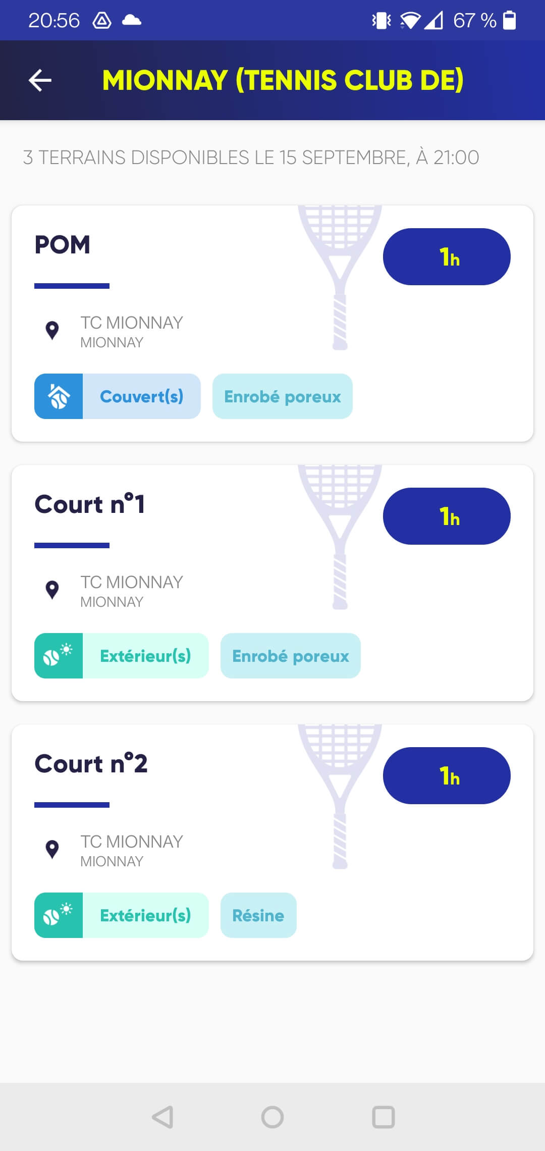 Choix du court pour la réservation Ten'up