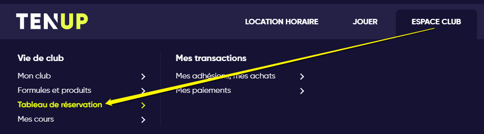 Menu tableau de réservation